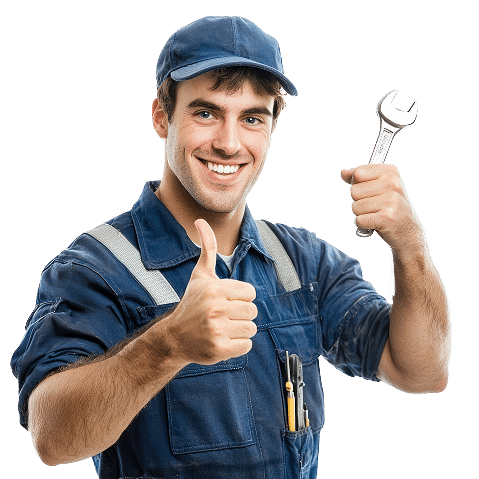 Mécanicien souriant en uniforme bleu et casquette, tenant une clé et faisant un pouce levé. Service auto fiable.
