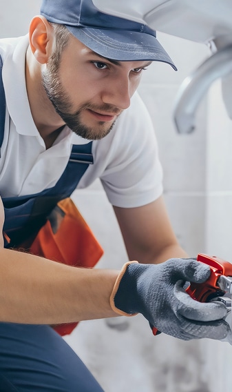 Jeune plombier professionnel barbu, en casquette et uniforme bleu, répare un robinet de salle de bain avec un outil, l'air concentré.